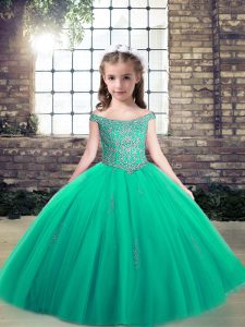 High Quality Turquoise Little Girls Pageant Dress Party and Wedding Party with Appliques Off The Shoulder Sleeveless Lace Up