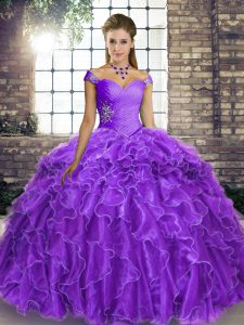  Lavender Off The Shoulder Lace Up Beading and Ruffles Ball Gown Prom Dress Brush Train Sleeveless