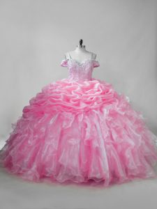 Stylish Pink Sleeveless Organza Brush Train Lace Up Sweet 16 Dress for Sweet 16 and Quinceanera
