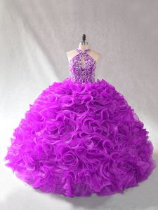 Unique Organza Halter Top Sleeveless Lace Up Beading Quinceanera Dresses in Purple