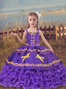 Perfect Floor Length Lace Up Pageant Gowns For Girls Lavender for Wedding Party with Beading and Embroidery and Ruffled Layers