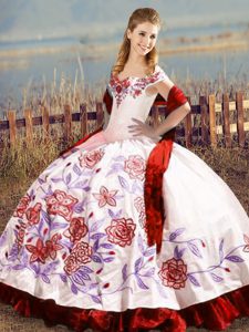 Custom Designed Sleeveless Floor Length Embroidery and Ruffles Lace Up 15th Birthday Dress with White And Red 