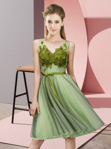 Flirting Yellow Green Tulle Lace Up V-neck Sleeveless Knee Length Damas Dress Appliques