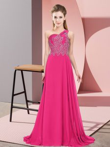  Hot Pink Prom Gown Prom and Party with Beading One Shoulder Sleeveless Side Zipper