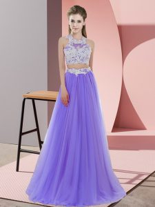  Lavender Damas Dress Wedding Party with Lace Halter Top Sleeveless Zipper