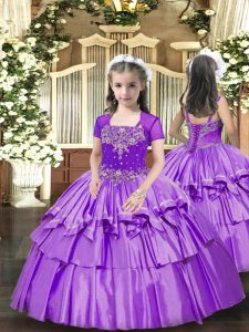  Taffeta Straps Sleeveless Lace Up Beading and Ruffled Layers Little Girl Pageant Gowns in Lavender
