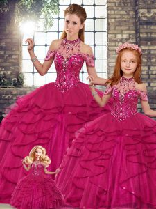 Captivating Halter Top Sleeveless Lace Up Quince Ball Gowns Fuchsia Tulle