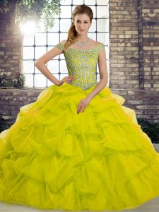  Yellow Green Sleeveless Tulle Brush Train Lace Up 15 Quinceanera Dress for Military Ball and Sweet 16 and Quinceanera