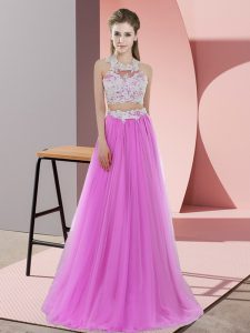 Lilac Sleeveless Floor Length Lace Zipper Vestidos de Damas