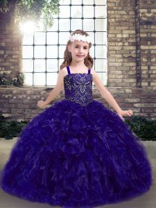 Modern Purple Organza Lace Up Pageant Gowns For Girls Sleeveless Floor Length Beading and Ruffles