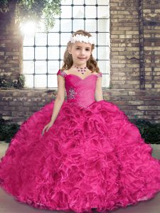 Gorgeous Fabric With Rolling Flowers Sleeveless Floor Length Little Girl Pageant Gowns and Beading