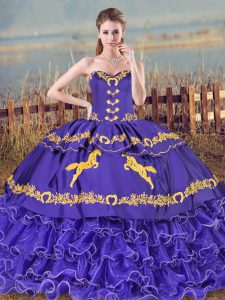  Purple Lace Up Sweetheart Embroidery and Ruffled Layers Ball Gown Prom Dress Organza Sleeveless Brush Train