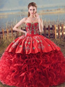 Perfect Fabric With Rolling Flowers Sweetheart Sleeveless Brush Train Lace Up Embroidery and Ruffles Ball Gown Prom Dress in Coral Red