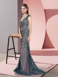  Teal Sleeveless Sweep Train Beading Prom Gown