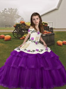 Graceful Straps Sleeveless Tulle Little Girl Pageant Gowns Embroidery and Ruffled Layers Lace Up