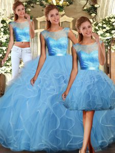High Quality Floor Length Three Pieces Sleeveless Baby Blue Quince Ball Gowns Backless