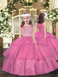 Great Pink Little Girl Pageant Gowns Party and Sweet 16 and Wedding Party with Beading and Ruffled Layers Scoop Sleeveless Zipper