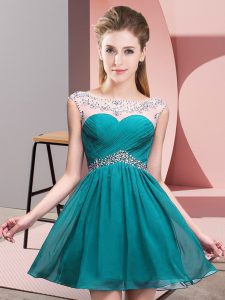 Classical Teal A-line Scoop Sleeveless Chiffon Mini Length Backless Beading and Ruching Prom Dresses