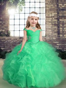  Apple Green Organza Lace Up Kids Formal Wear Sleeveless Floor Length Beading and Ruffles and Ruching
