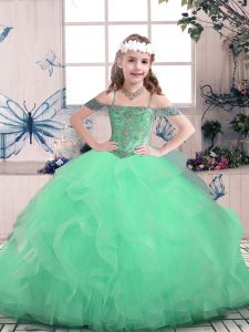 Stylish Ball Gowns Girls Pageant Dresses Apple Green Off The Shoulder Tulle Sleeveless Floor Length Lace Up