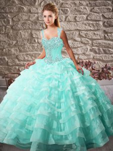 Gorgeous Sleeveless Organza Court Train Lace Up 15th Birthday Dress in Aqua Blue with Beading and Ruffled Layers