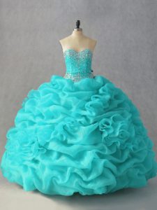 Amazing Sleeveless Floor Length Beading and Pick Ups and Hand Made Flower Lace Up Sweet 16 Dress with Aqua Blue