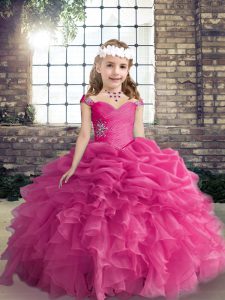 Stylish Straps Sleeveless Lace Up Little Girls Pageant Dress Wholesale Hot Pink Organza