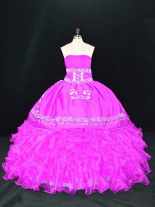  Fuchsia Organza Lace Up Quince Ball Gowns Sleeveless Floor Length Embroidery and Ruffles