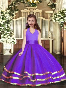  Floor Length Purple Pageant Gowns For Girls Halter Top Sleeveless Lace Up