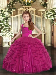  Fuchsia Tulle Lace Up Child Pageant Dress Sleeveless Floor Length Ruffles