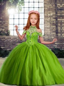 Latest Olive Green Sleeveless Beading Floor Length Kids Pageant Dress