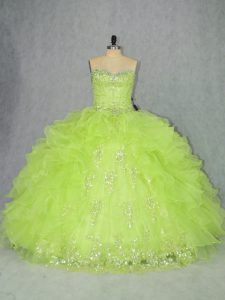  Floor Length Lace Up Ball Gown Prom Dress Yellow Green for Sweet 16 and Quinceanera with Beading and Ruffles