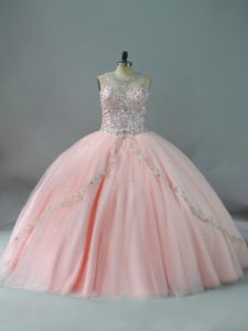  Peach Lace Up Scoop Beading Quinceanera Gown Tulle Sleeveless