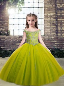  Olive Green Ball Gowns Scoop Sleeveless Tulle Floor Length Lace Up Beading and Appliques Pageant Gowns For Girls