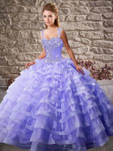 Simple Straps Sleeveless Sweet 16 Quinceanera Dress Court Train Beading and Ruffled Layers Lavender Organza