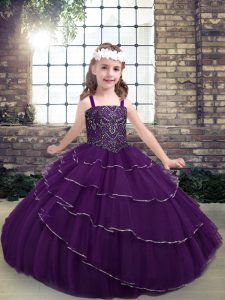 Elegant Eggplant Purple Ball Gowns Straps Sleeveless Tulle Floor Length Lace Up Beading and Ruffled Layers Child Pageant Dress