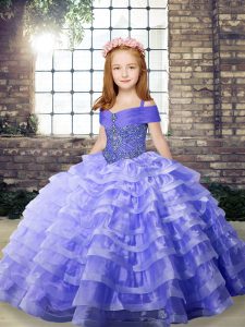 Best Lace Up Little Girl Pageant Dress Lavender for Party and Military Ball and Wedding Party with Beading and Ruffled Layers Brush Train