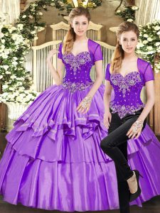 Cheap Floor Length Lace Up Sweet 16 Dresses Lavender for Military Ball and Sweet 16 and Quinceanera with Beading and Ruffled Layers