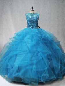 Noble Aqua Blue Sleeveless Beading and Ruffles Lace Up Quince Ball Gowns