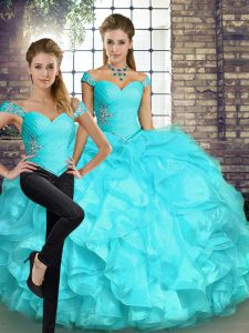 Chic Aqua Blue Sleeveless Beading and Ruffles Floor Length Quinceanera Gown