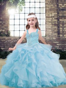 Trendy Light Blue Straps Neckline Beading and Ruffles Little Girl Pageant Gowns Sleeveless Lace Up