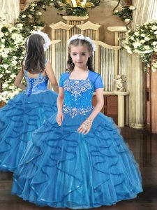  Straps Sleeveless Girls Pageant Dresses Floor Length Beading and Ruffles Baby Blue Tulle