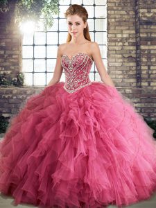 Excellent Watermelon Red Sleeveless Beading and Ruffles Floor Length Sweet 16 Dress