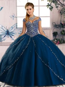  Ball Gowns Cap Sleeves Blue Quinceanera Dresses Brush Train Lace Up