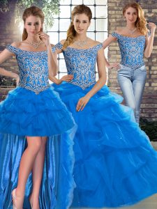 Custom Made Brush Train Three Pieces Sweet 16 Dress Blue Off The Shoulder Tulle Sleeveless Lace Up