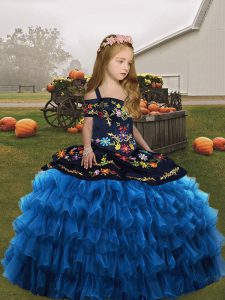  Blue Sleeveless Embroidery and Ruffled Layers Floor Length Pageant Gowns For Girls