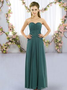  Floor Length Lace Up Quinceanera Court Dresses Peacock Green for Wedding Party with Ruching