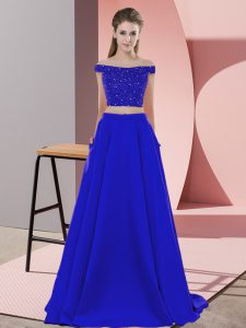  Off The Shoulder Sleeveless Sweep Train Backless Prom Gown Blue Elastic Woven Satin