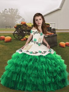 Fashionable Green Lace Up Straps Embroidery Kids Pageant Dress Organza Sleeveless