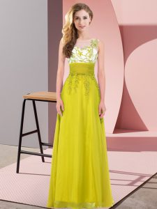 Simple Olive Green Empire Scoop Sleeveless Chiffon Floor Length Backless Appliques Quinceanera Court Dresses